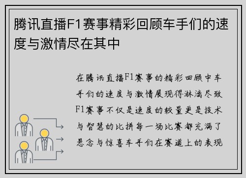 腾讯直播F1赛事精彩回顾车手们的速度与激情尽在其中