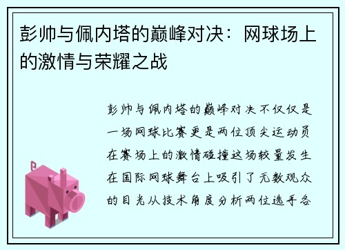 彭帅与佩内塔的巅峰对决：网球场上的激情与荣耀之战